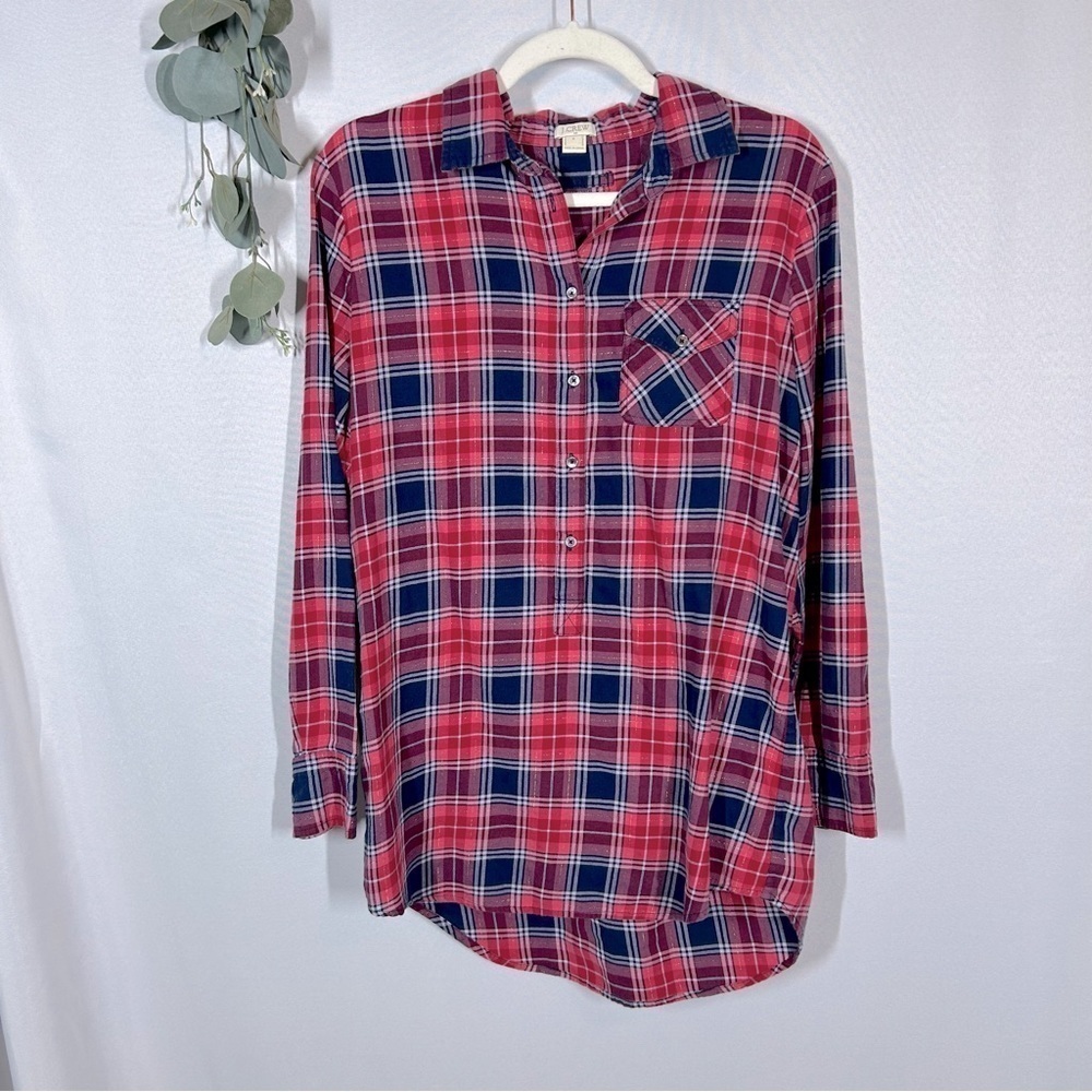 J Crew | Tunic Long Lined Plaid Button Down Top Shirt Pink Women’s Size Small